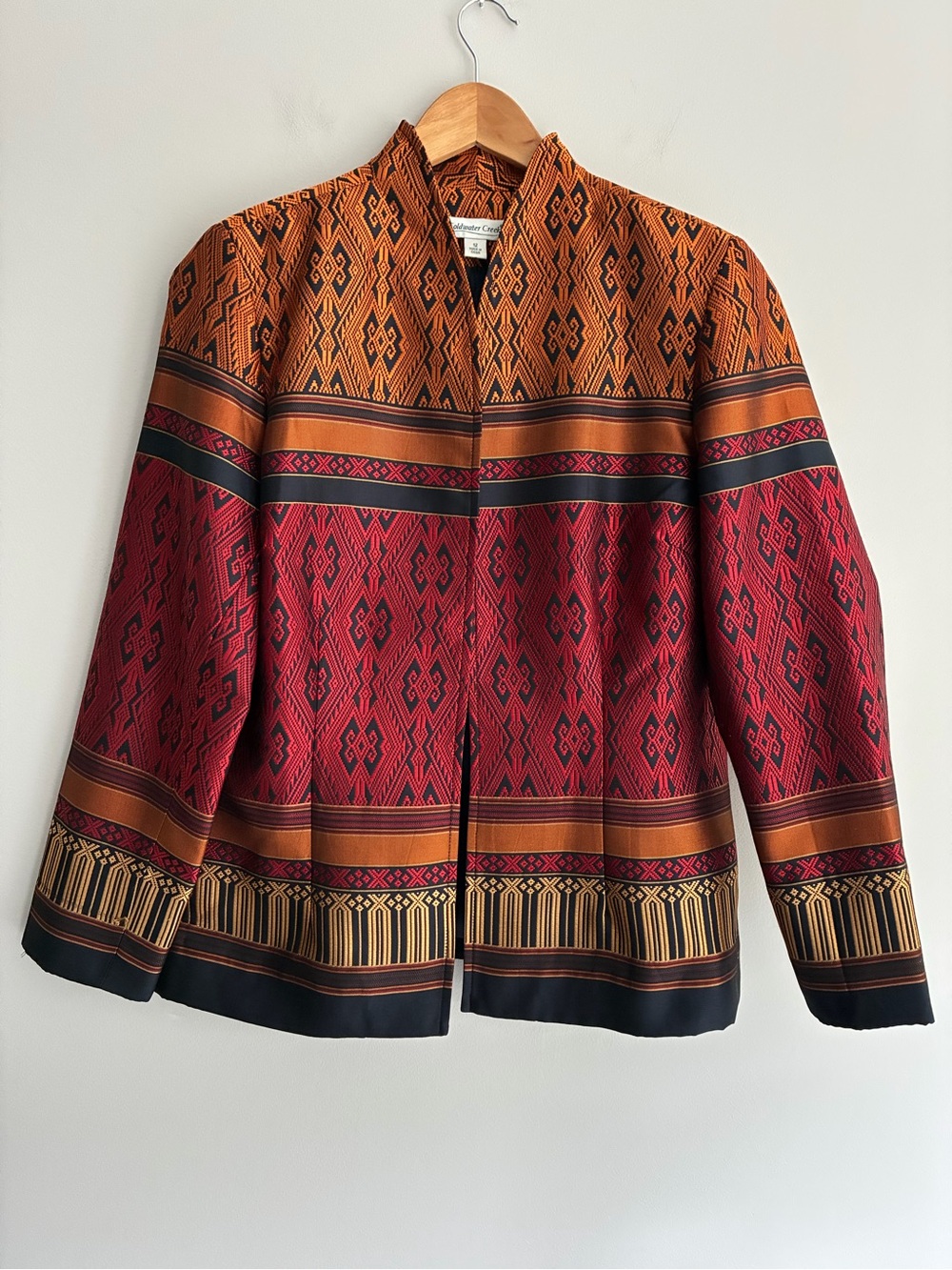Coldwater Creek Red Orange Black Aztec Diamond Geometric Jacket Size 12
